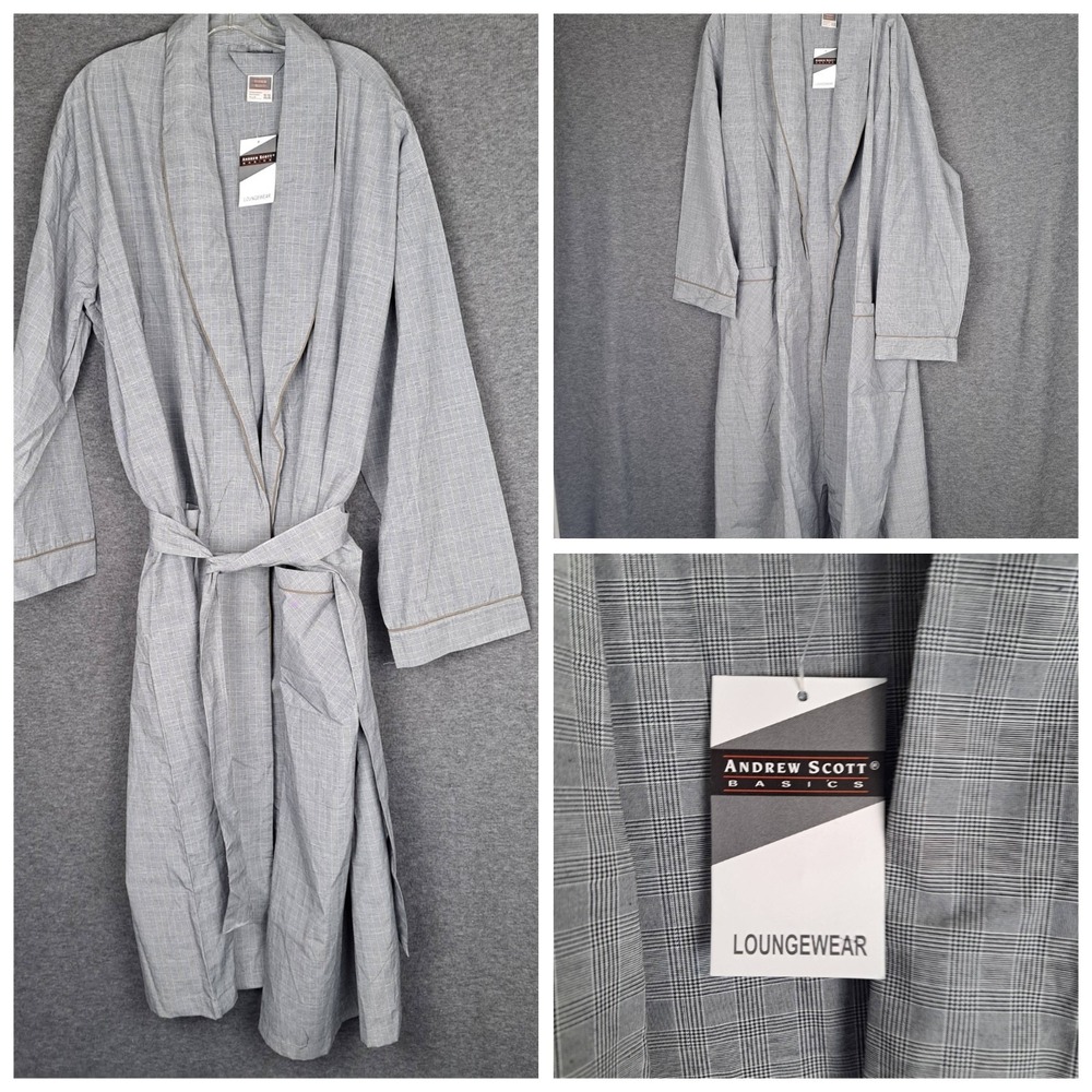 Andrew Scott Mens Gray Glen Plaid Long Sleeve Open Front Pocket Robe 2XL/3XL NWT
